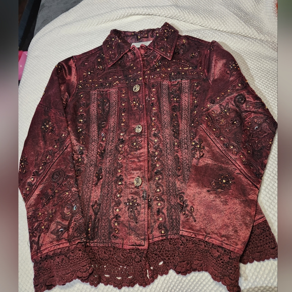 Flashback Couture Vintage Womens Embroidered Sequin Jacket  Burgundy Sz M
